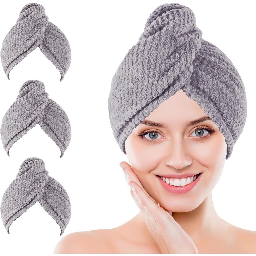 Hair Turban Towel - 여성용 마이크로파이버 헤어 타월 랩 3개